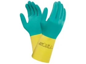 Rukavice, kombinace žlutý latex / zelený neoprén s podšívkou z česané bavlny a kosočtvercovým povrchem dlaně, délka 32cm, tloušťka 0,68mm, vel.:07,11