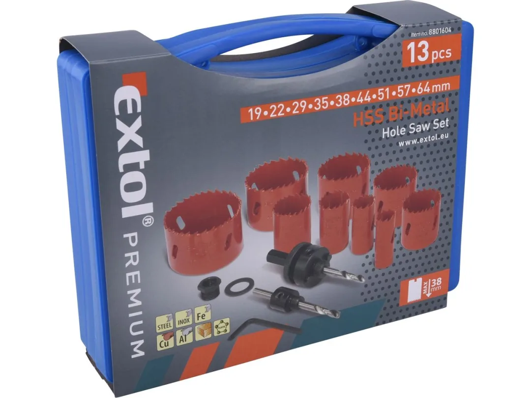 vrtáky korunkové, univerzální, sada 13ks 9 průměrů, HSS/Bi-metal Extol PREMIUM c