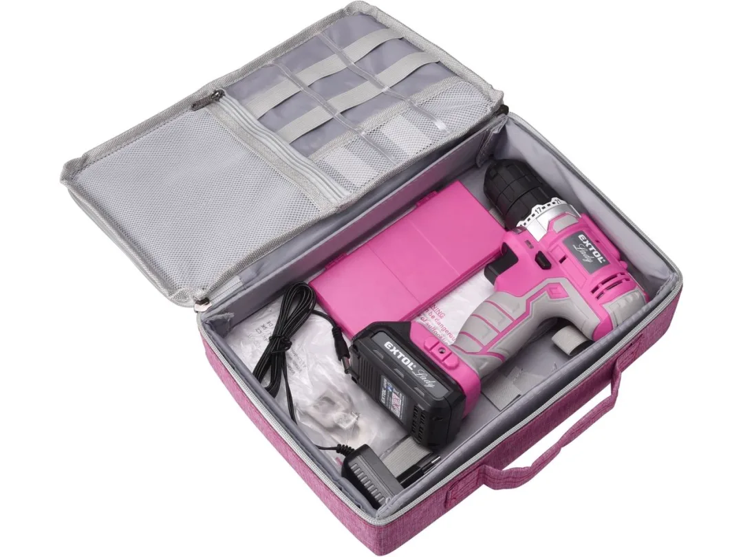vrtací šroubovák aku, růžový, 12V Li-ion, 1300mAh, v&nbsp;tašce f