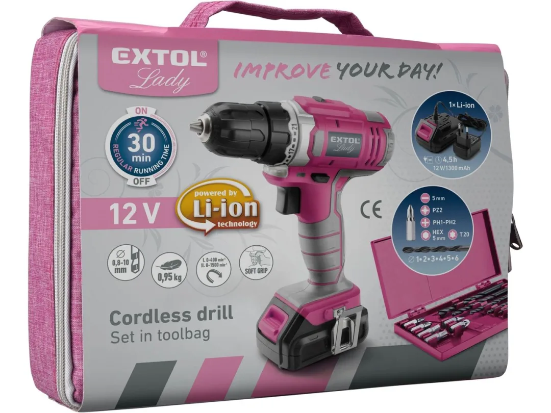 vrtací šroubovák aku, růžový, 12V Li-ion, 1300mAh, v&nbsp;tašce i