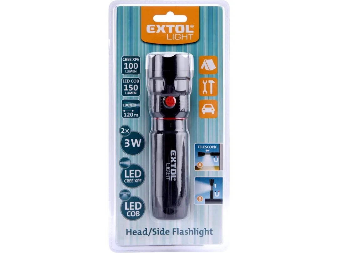 svítilna 100lm CREE + 150lm COB s magnetem, CREE 3W XPE LED, 3W COB c