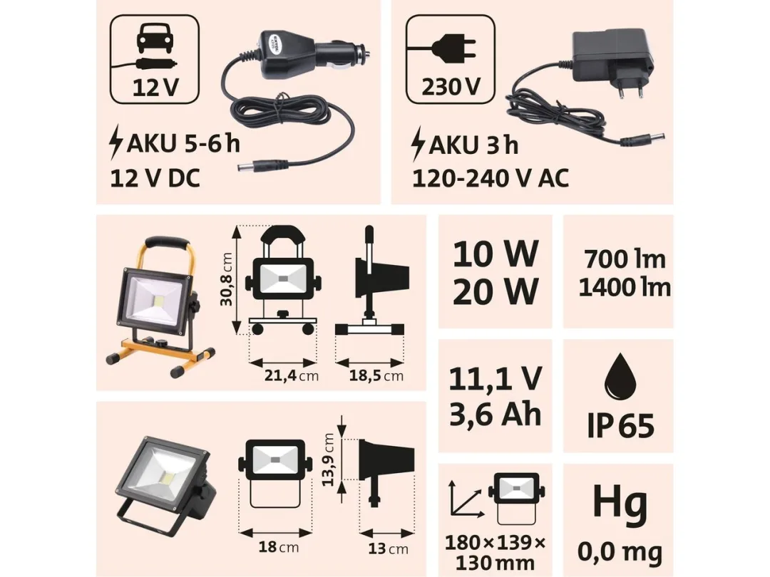 reflektor LED, nabíjecí s podstavcem, 700/1400lm, Li-ion e