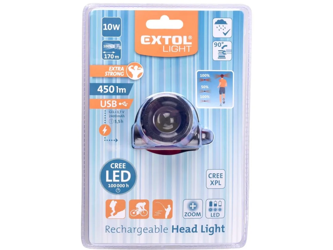 čelovka 450lm CREE XPL, nabíjecí, USB, 10W CREE XPL, funkce ZOOM c