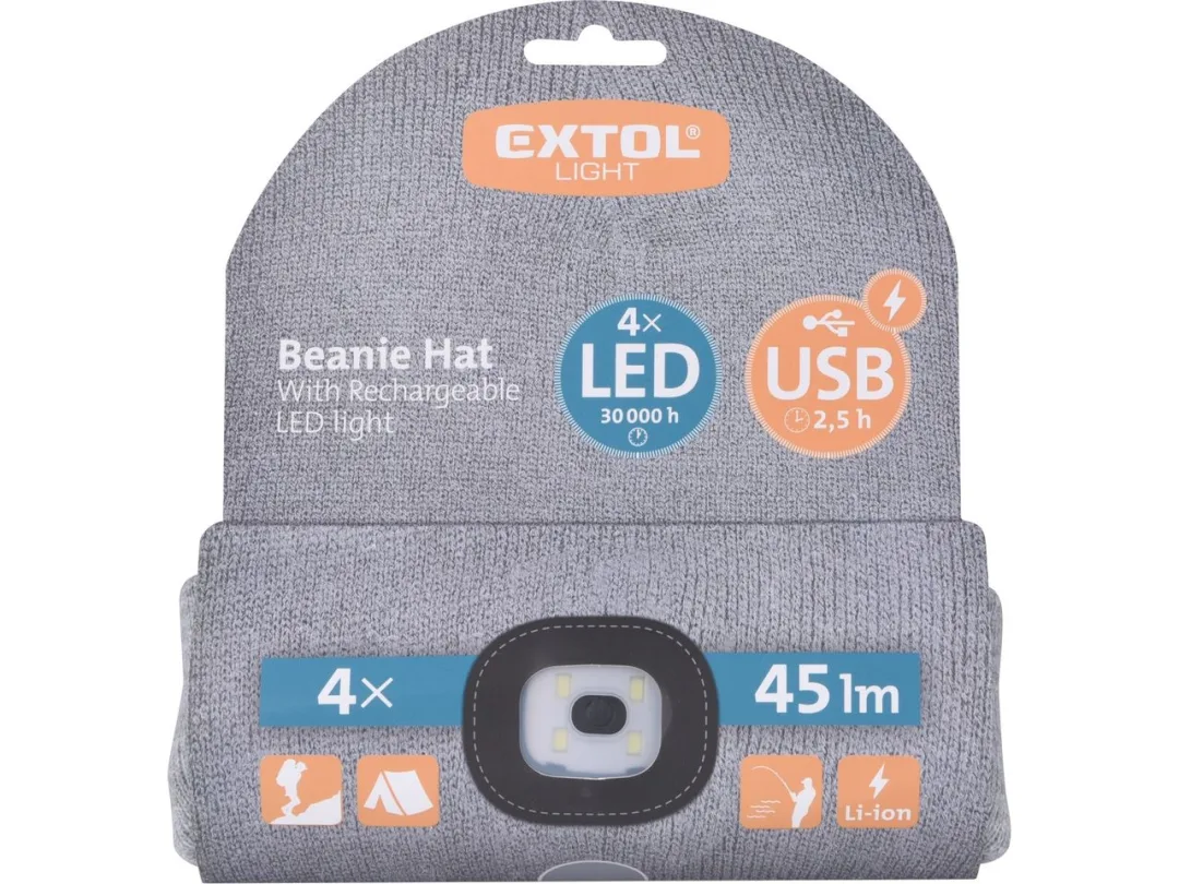 čepice s čelovkou 45lm, nabíjecí, USB, šedá, univerzální velikost d
