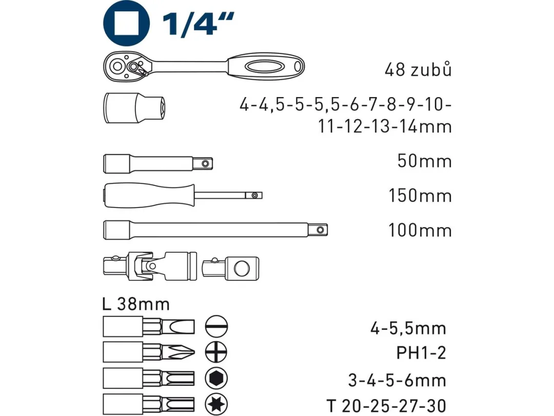 hlavice nástrčné a zástrčné, sada 31ks, 1/4