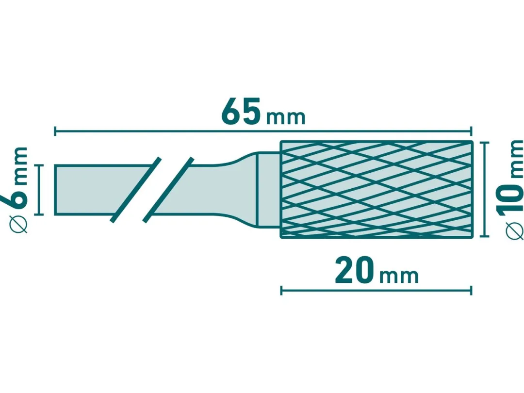 fréza karbidová, válcová s čelním ozubením, pr.10x20mm/stopka 6mm,sek střední(double-cut) b