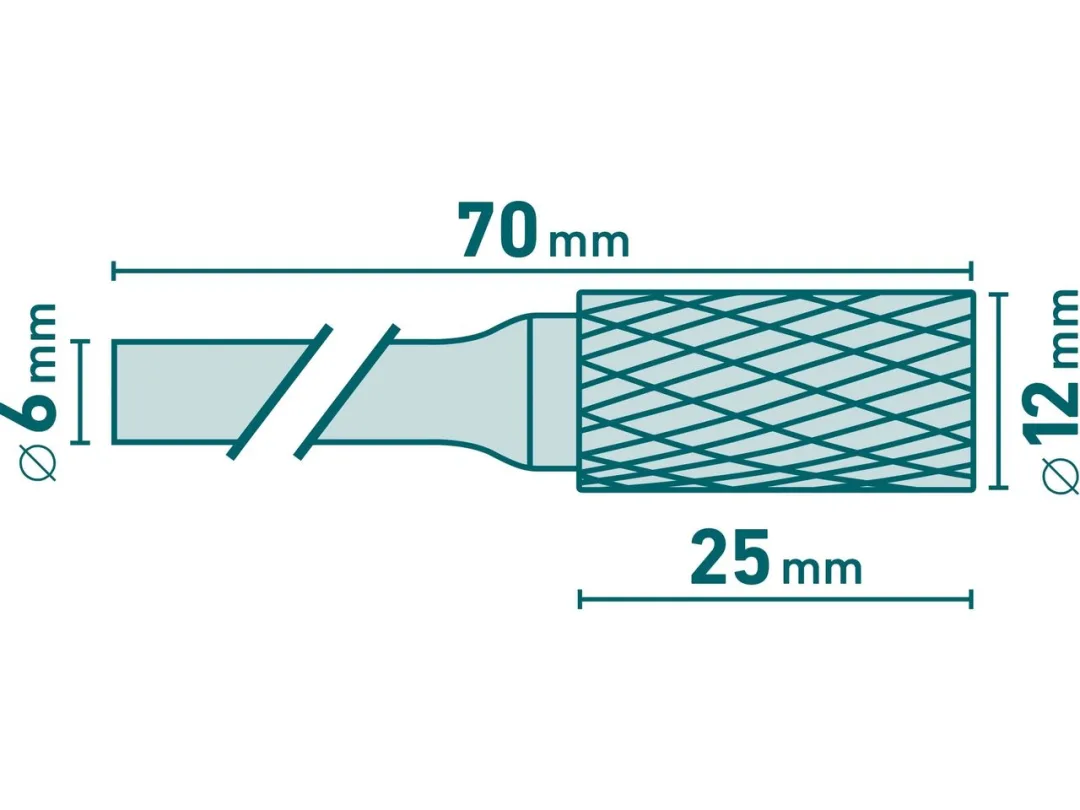 fréza karbidová, válcová s&nbsp;čelním ozubením, pr.12x25mm/stopka 6mm,sek střední(double-cut) b