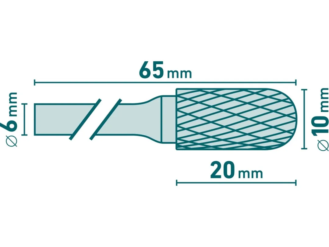 fréza karbidová, válcová s&nbsp;kulovým čelem, pr.10x20mm/stopka 6mm,sek střední(double-cut) b