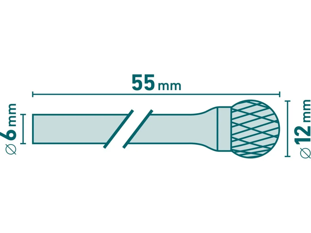 fréza karbidová, kulová, pr.12mm/stopka 6mm,sek střední(double-cut) c