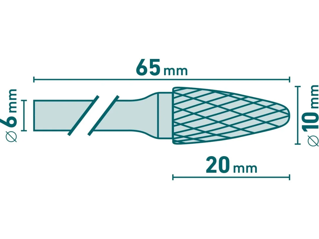 fréza karbidová, kulatý oblouk, pr.10x20mm/stopka 6mm,sek střední(double-cut) b