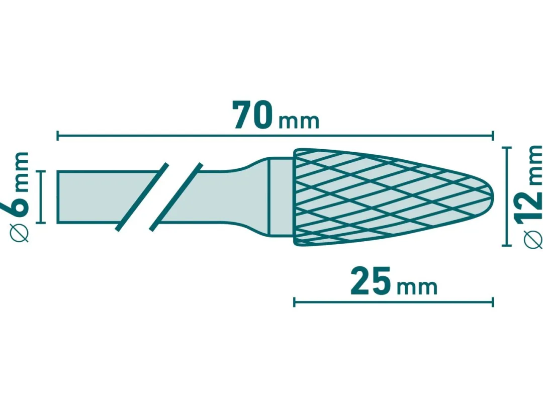 fréza karbidová, kulatý oblouk, pr.12x25mm/stopka 6mm,sek střední(double-cut) b