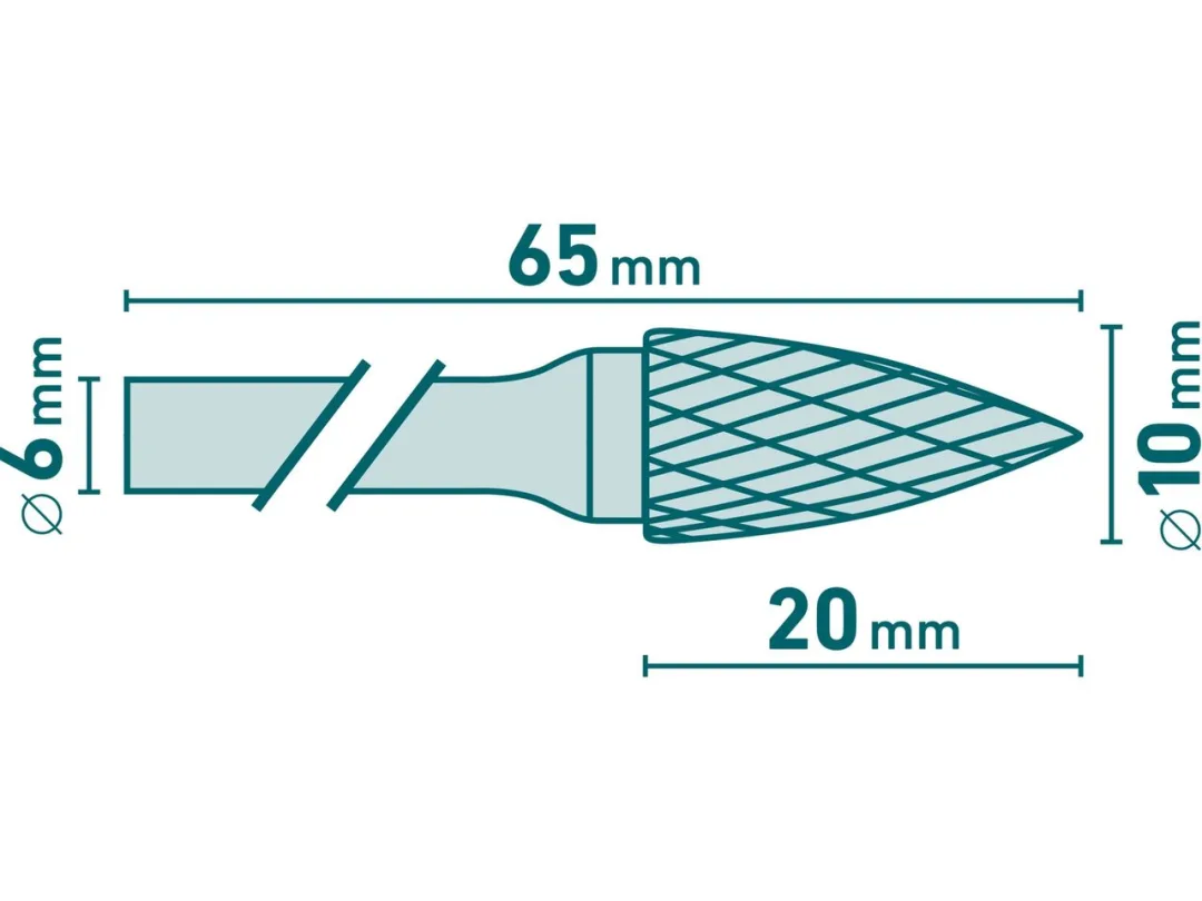 fréza karbidová, ostrý oblouk, pr.10x20mm/stopka 6mm,sek střední(double-cut) a
