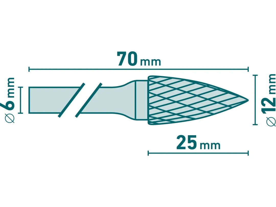 fréza karbidová, ostrý oblouk, pr.12x25mm/stopka 6mm,sek střední(double-cut) c