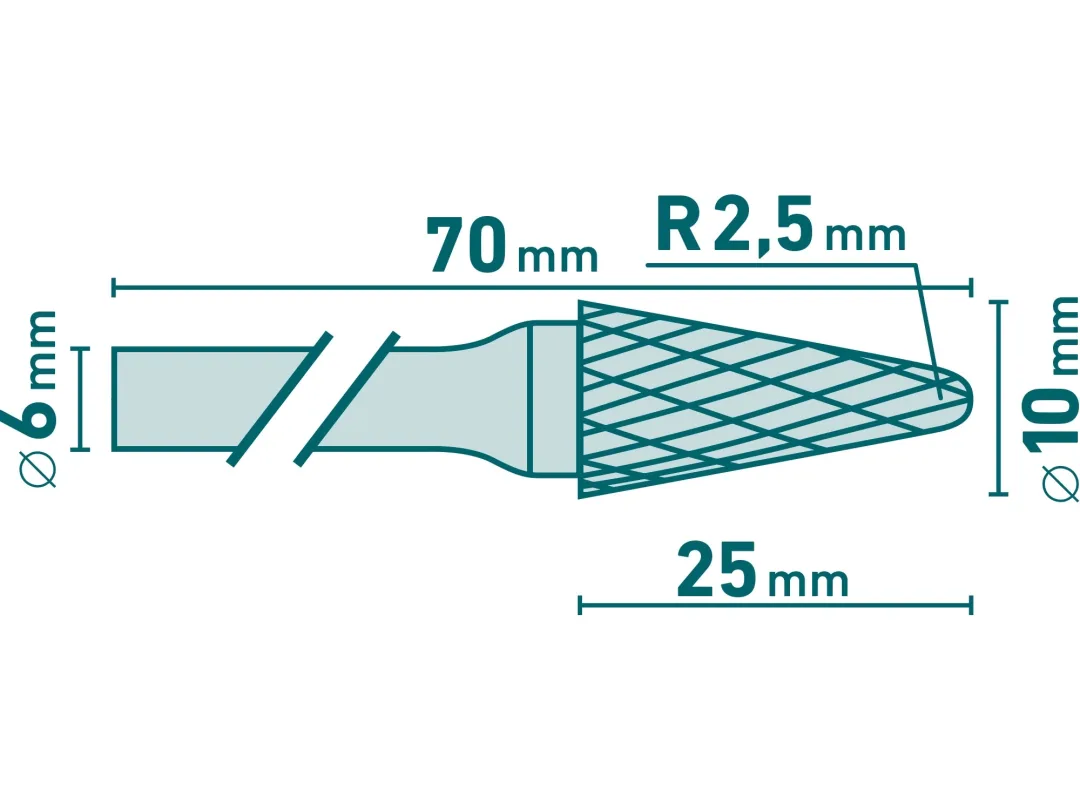 fréza karbidová, konická zakulacená (R 2,5mm), pr.10x25mm/stopka 6mm,sek střední(double-cut) b