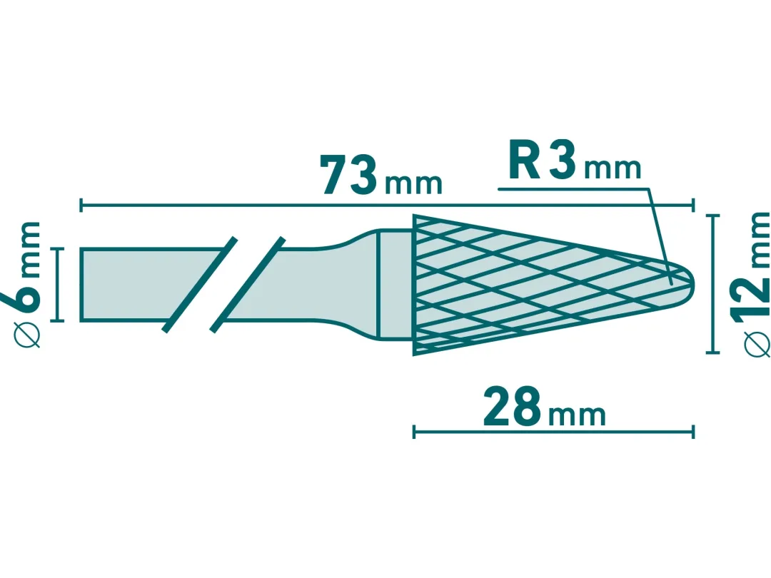 fréza karbidová, konická zakulacená (R 3mm), pr.12x28mm/stopka 6mm,sek střední(double-cut) b