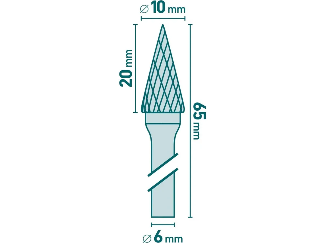 fréza karbidová, konická jehlan, pr.10x20mm/stopka 6mm,sek střední(double-cut) a