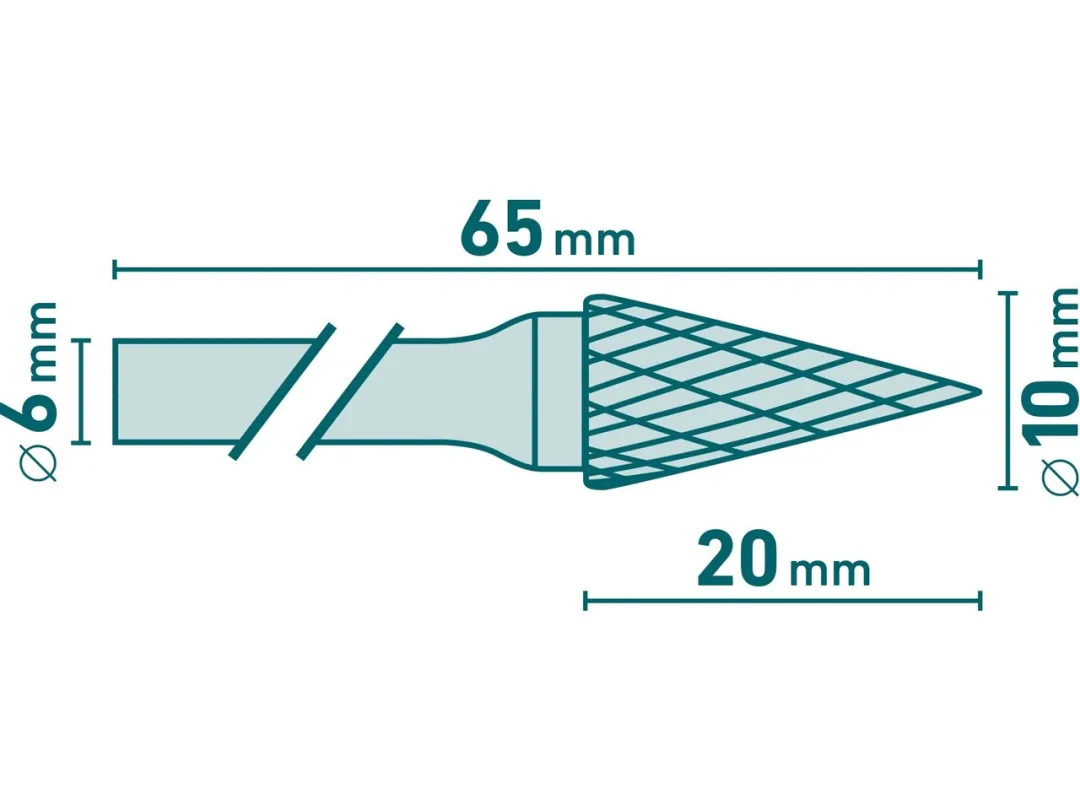 fréza karbidová, konická jehlan, pr.10x20mm/stopka 6mm,sek střední(double-cut) b