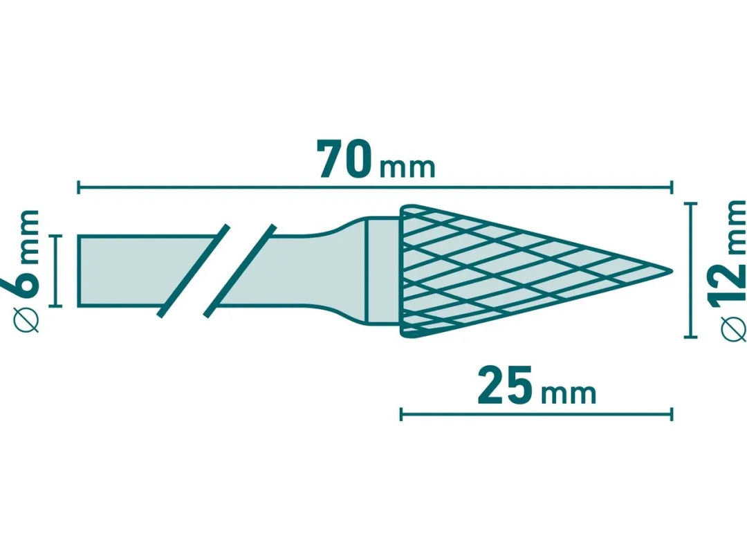 fréza karbidová, konická jehlan, pr.12x25mm/stopka 6mm,sek střední(double-cut) b