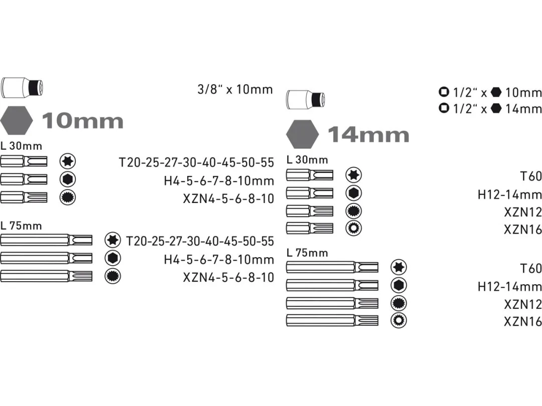 bity IMBUS-TORX-XZN, sada 51ks, pro ráčny 3/8