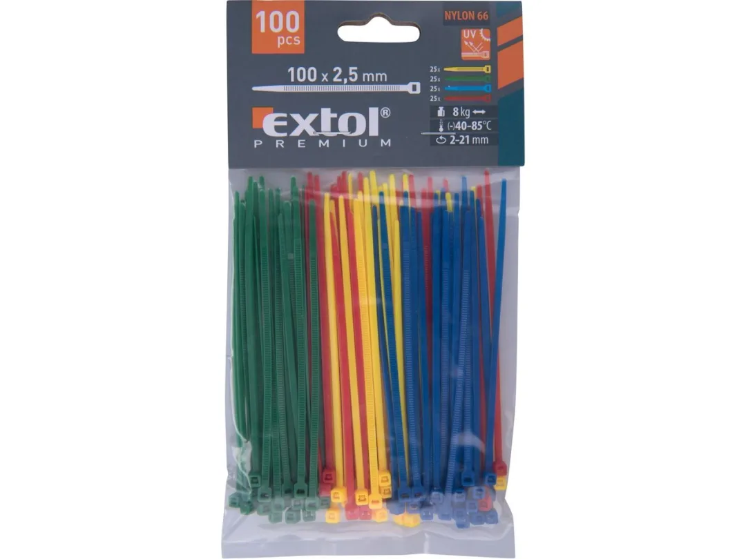 pásky stahovací barevné, 100x2,5mm, 100ks, (4x25ks), 4 barvy, nylon a