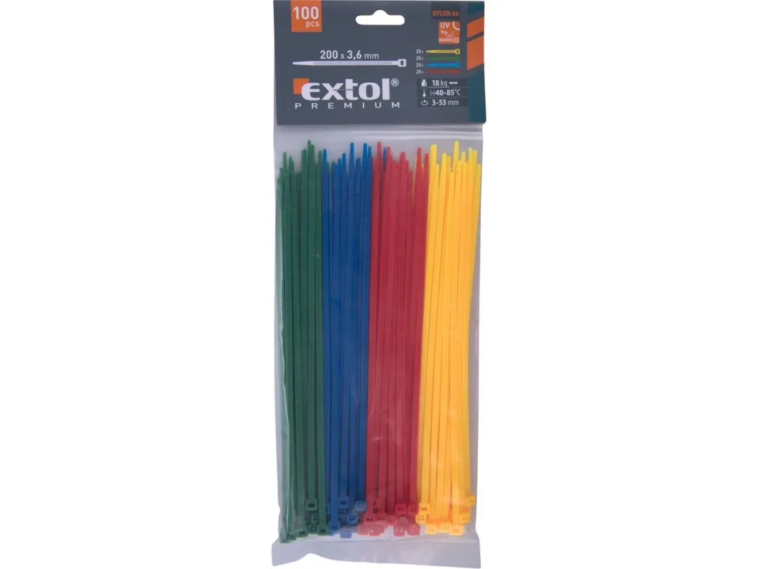 pásky stahovací barevné, 200x3,6mm, 100ks, (4x25ks), 4 barvy, nylon a