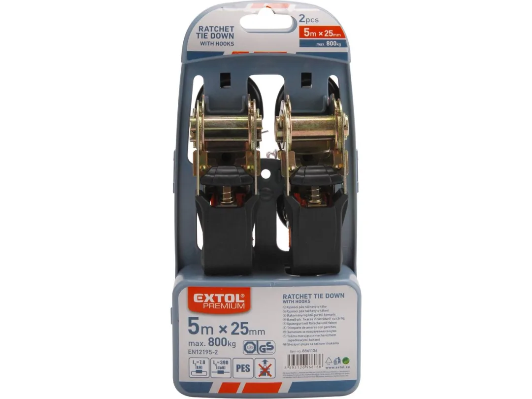 pás upínací ráčnový s háky, 5m x 25mm, sada 2ks, max. 800kg a