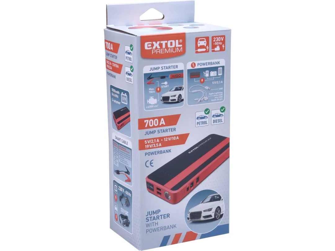 jump startér, 700A, pro naftové a benzínové motory, powerbanka 5V, 19V g
