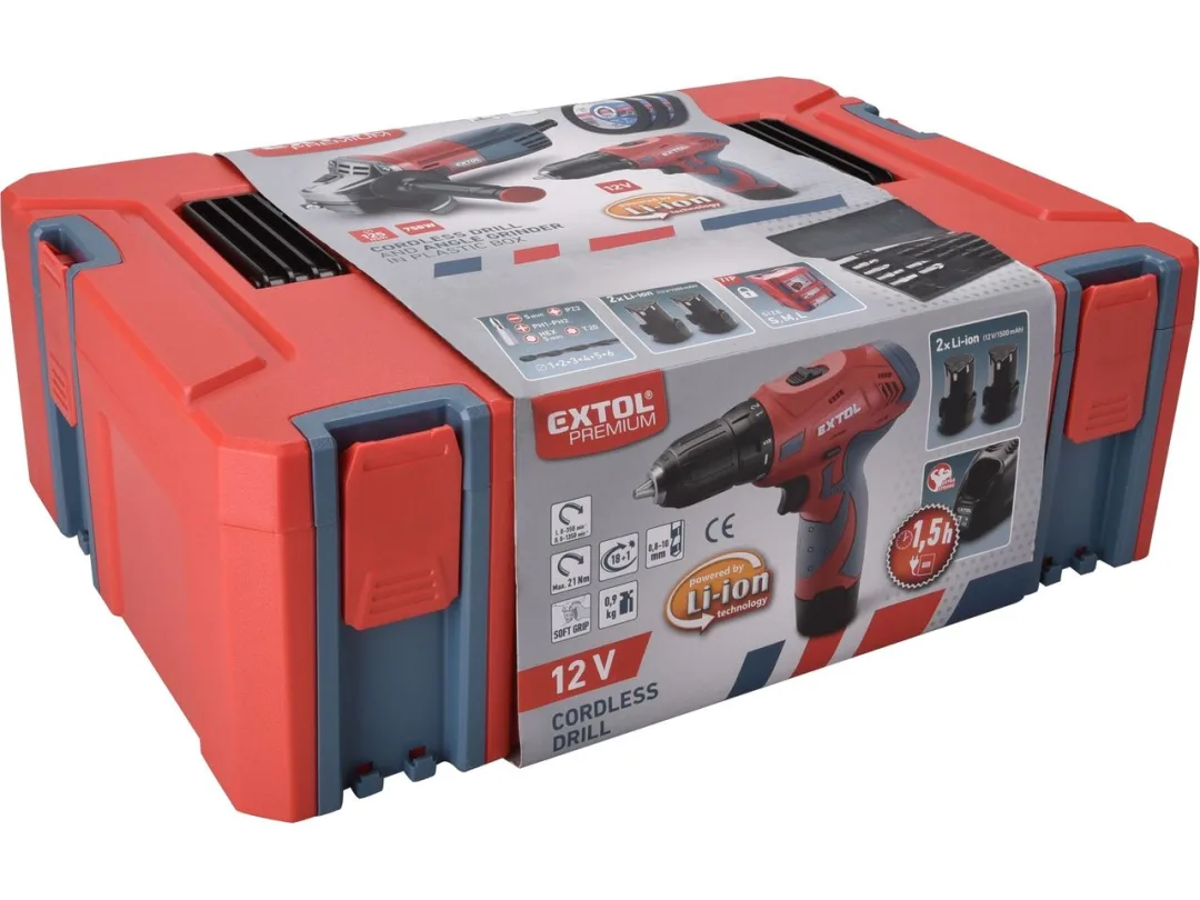 vrtačka aku, 12V Li-ion (2x) a bruska úhlová 125mm v plastovém boxu h