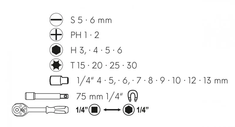 Sada oboustranná ráčna s&nbsp;bity a&nbsp;adaptery 1/4