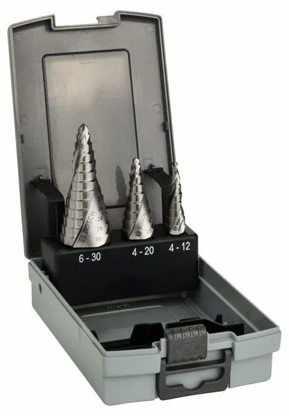 HSS stupňovitý vrták, 3ks Pro Box, 4-12, 4-20, 6-30 mm HSS stupňovitý vrták, 3ks Pro Box, 4-12, 4-20, 6-30 mm