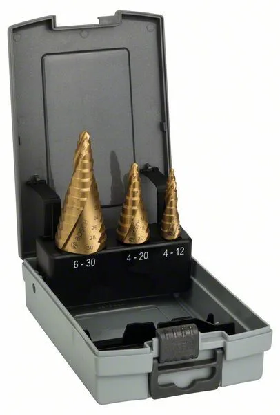 HSS-TiN stupňovitý vrtáks, 3ks Pro Box, 4-12, 4-20, 6-30 mm HSS-TiN stupňovitý vrtáks, 3ks Pro Box, 4-12, 4-20, 6-30 mm