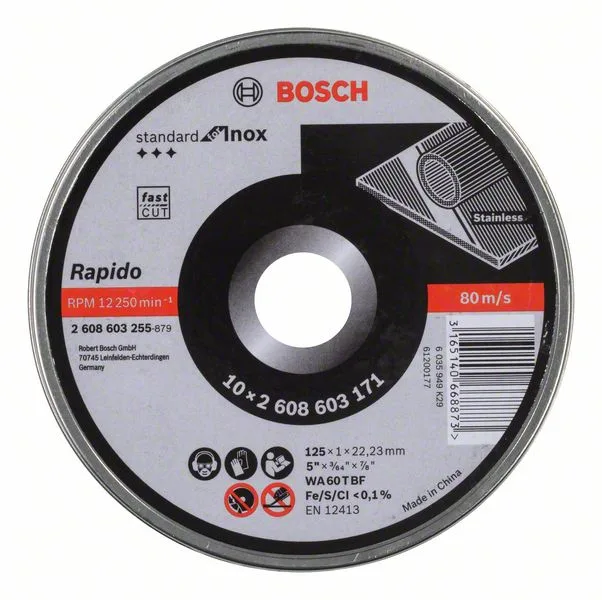 Dělicí kotouč rovný Standard for Inox - Rapido WA 60 T BF, 125 mm, 22,23 mm, 1,0 mm Dělicí kotouč rovný Standard for Inox - Rapido WA 60 T BF, 125 mm, 22,23 mm, 1,0 mm